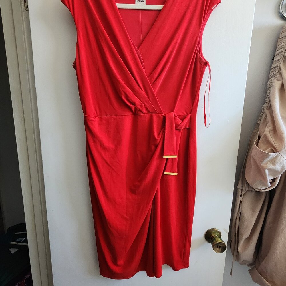 Anne Klein V-Neck Sleeveless Crepe Faux Wrap Midi dress; Red; s10